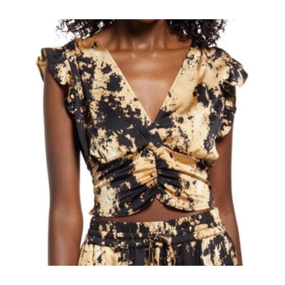 Open Edit Ruffle Ruched Satin Medium Crop Top in Tan-Black Abstract Paint